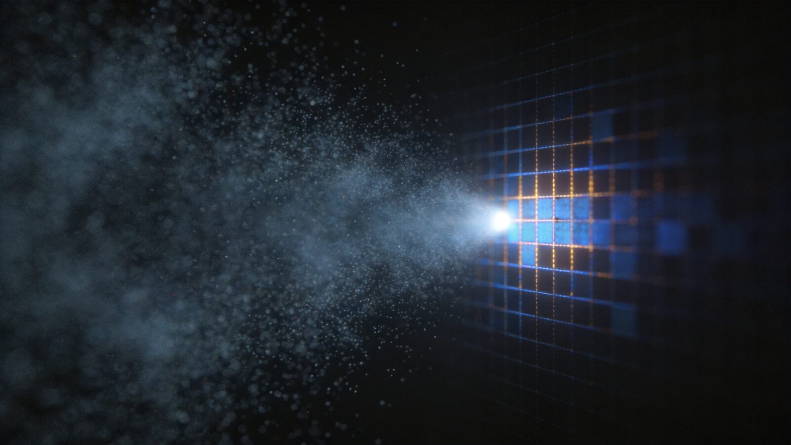 Illustration: a point of light dissolving into a grid of pixels — symbolic of the algorithmic processing that smooths or invents detail.
