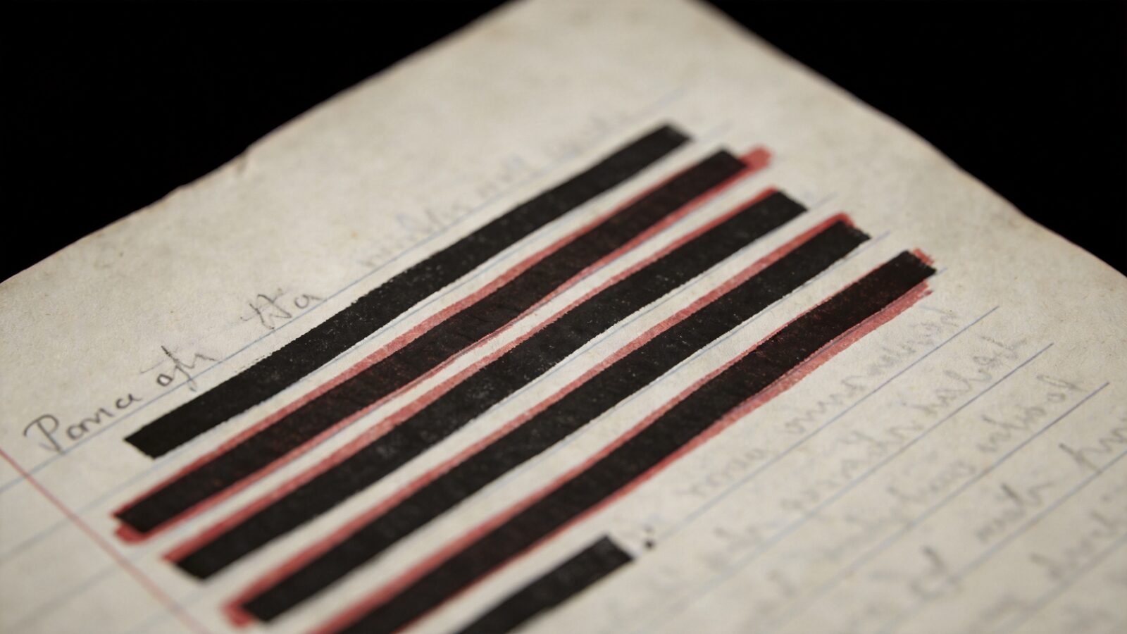 Illustration: a close-up of thick black redaction bars over faint, unreadable lines on aged paper — abstract, no readable text.