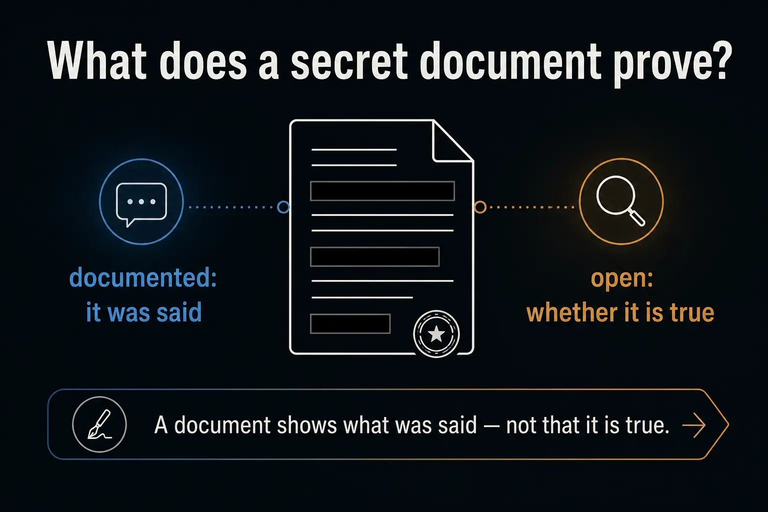 Infographic: a redacted document with a seal, left “documented: it was said,” right “open: whether it is true” — with the outlook that a document shows what was said, not that it is true.