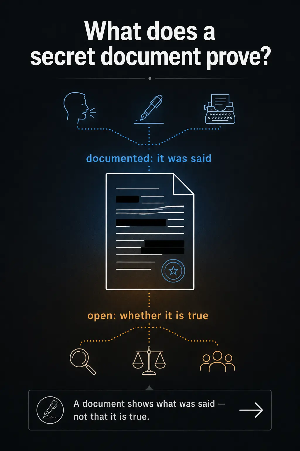 Infographic: a redacted document with a seal, left “documented: it was said,” right “open: whether it is true” — with the outlook that a document shows what was said, not that it is true.