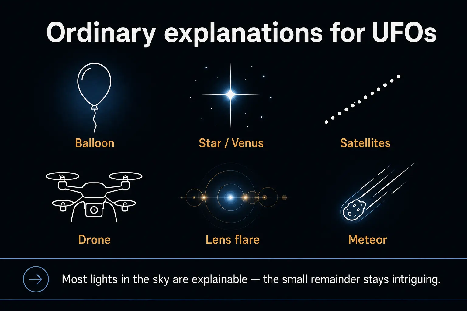 Infographic: a gallery of the usual suspects — balloon, star/Venus, satellite train, drone, lens flare and meteor — with the outlook that most lights in the sky are explainable and the small remainder stays intriguing.
