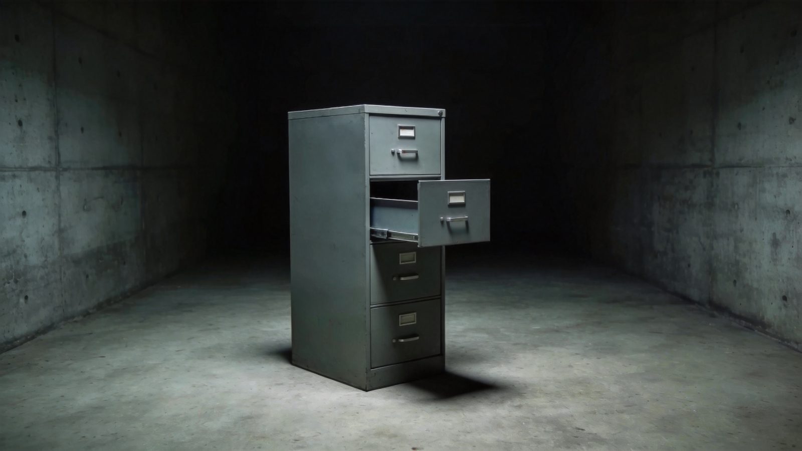 Atmospheric image: a single closed grey filing cabinet in an empty dim concrete room, one drawer slightly open and empty — symbolic of the German claim that “no material” exists.