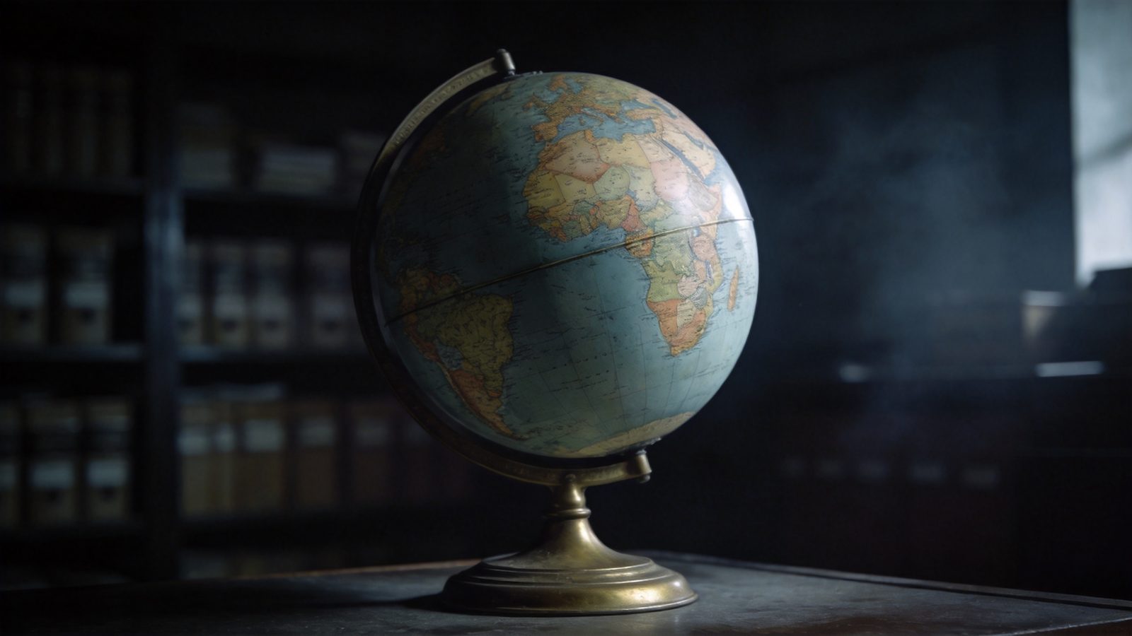 Atmospheric image: an old world globe on a brass stand in a dim archive, brushed by cold side light — the phenomenon as a worldwide subject.