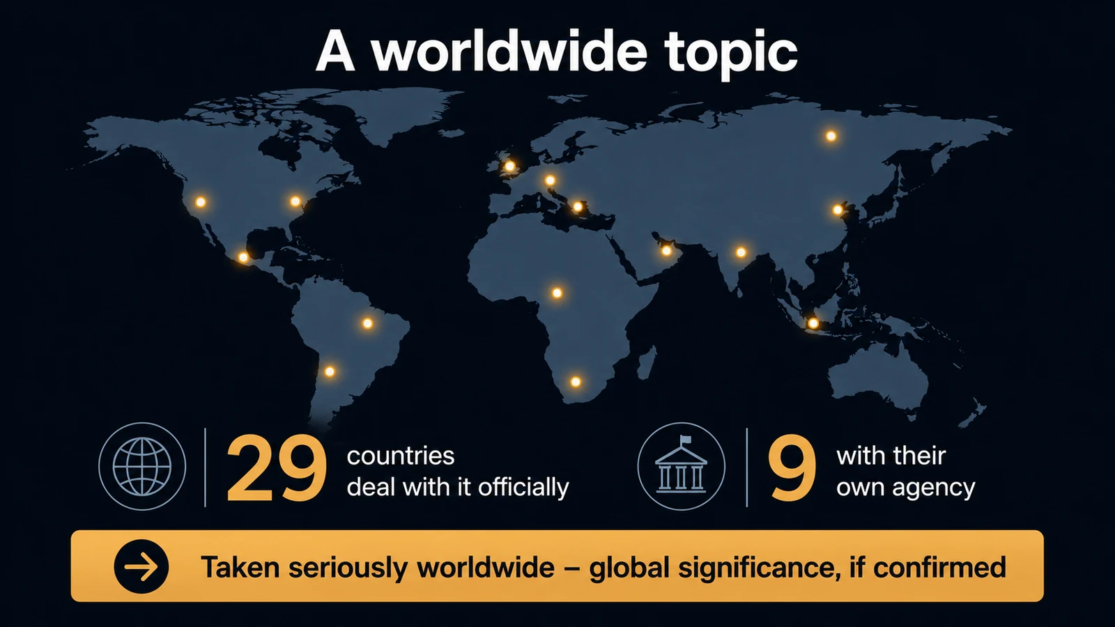 Infographic: a world map of researching countries — 29 states officially deal with the phenomenon, nine with their own agency — with the outlook of global significance, if confirmed.