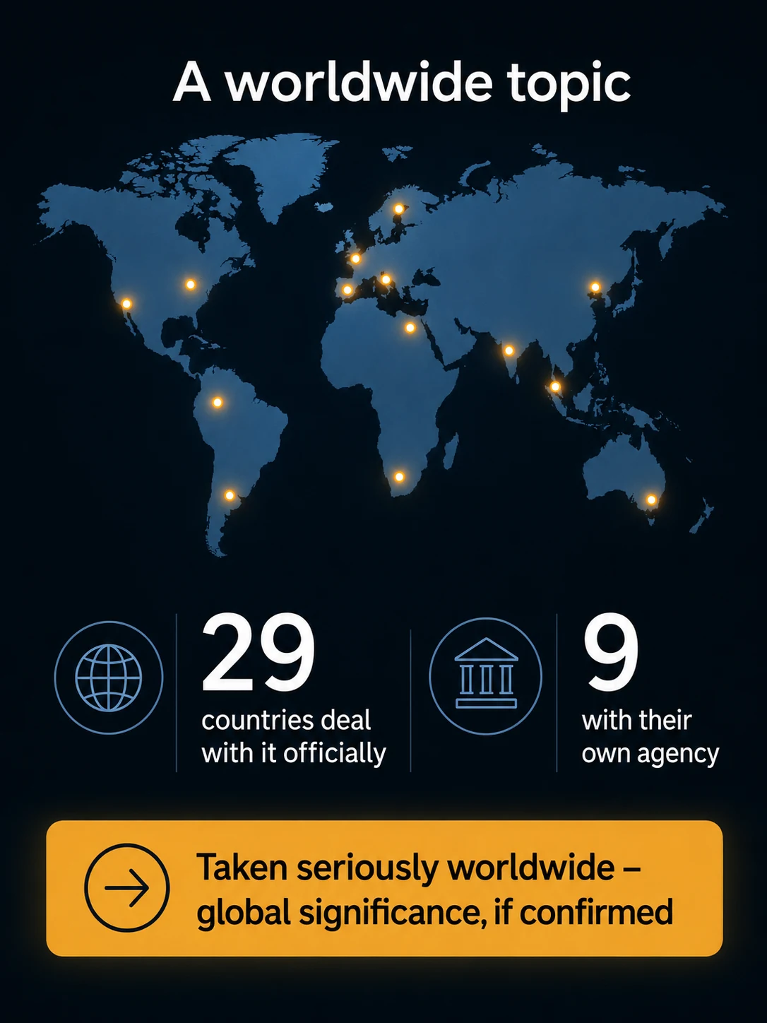 Infographic: a world map of researching countries — 29 states officially deal with the phenomenon, nine with their own agency — with the outlook of global significance, if confirmed.