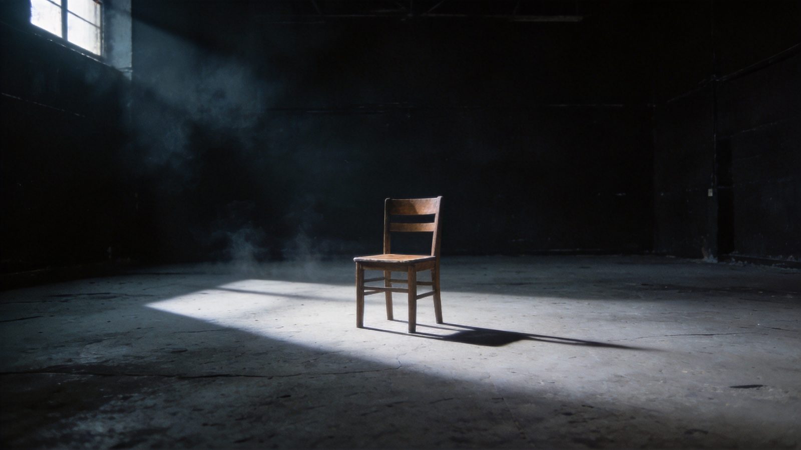 Atmospheric image: a single empty wooden chair in a hard pool of light in a large dark room — symbolic of a claim standing alone and unexamined.