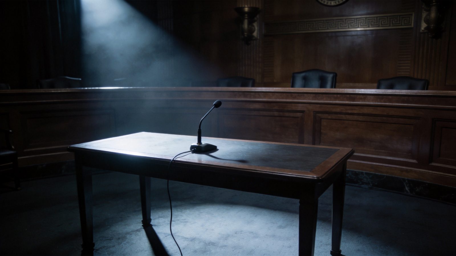 Atmospheric image: a single empty witness table with one microphone in a cold shaft of light, before the raised committee bench — symbolic of sworn testimony as an instrument.