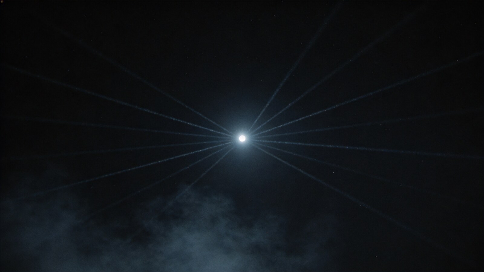 Illustration: from a single point of light in the dark sky, several fine beams fan out in slightly different directions — symbolic of the many possible explanatory paths for a sighting.