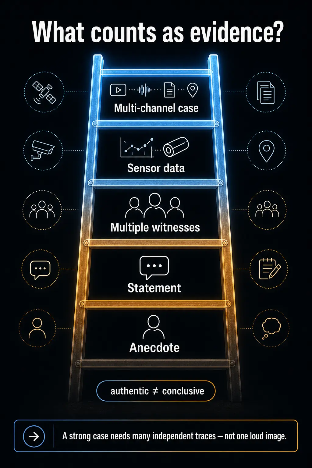 Infographic: an ascending evidence ladder from “anecdote” through “statement”, “multiple witnesses” and “sensor data” up to the “multi-channel case” — with the note “authentic ≠ conclusive” and the outlook that a strong case needs many independent traces, not one loud image.