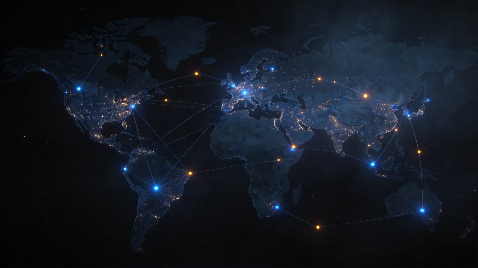 Illustration: a web of glowing points over a dark world map, connected by fine lines — symbolic of a worldwide network of independent research groups.